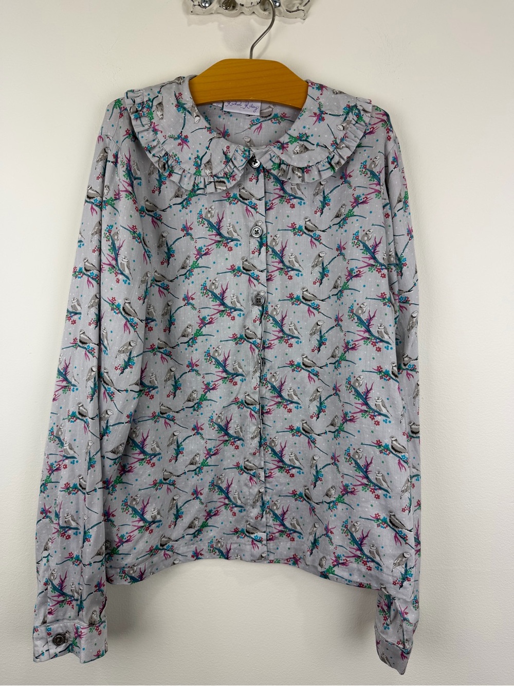 Rachel Riley Girls Size 14 Bird Floral Print Ruffle Collar Cotton Blouse
